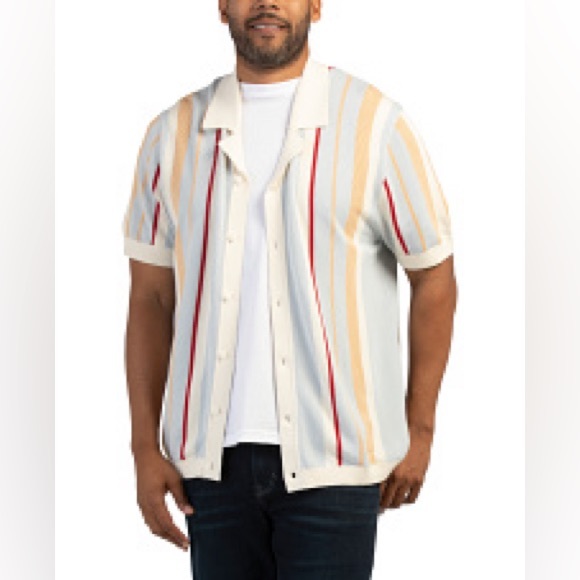 Men’s Short Sleeve Knit Shirt Stripe Lapel Collar Polo Cardigan Shirt NWOT Sz L - Picture 1 of 7